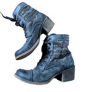 Roxie Indigo Black Gray Lace Distressed PU Chunky Heel Ankle Boots Size 8